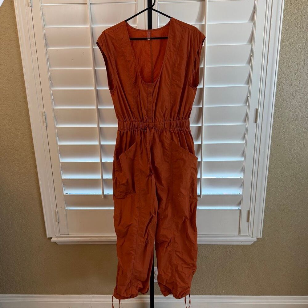 Free People Movement Fly By Night Red Orange Jumpsuit Sz S Boho Festival Comfy